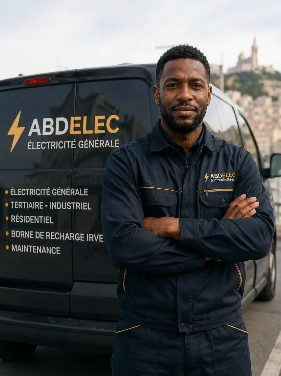 Homme souriant en tenue d'électricien devant un utilitaire marqué ABDELEC, spécialisé en électricité générale.