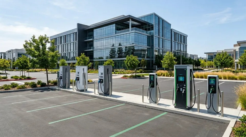 Borne de recharge pour véhicules électriques dans un parking devant un immeuble de bureaux moderne vitré.
