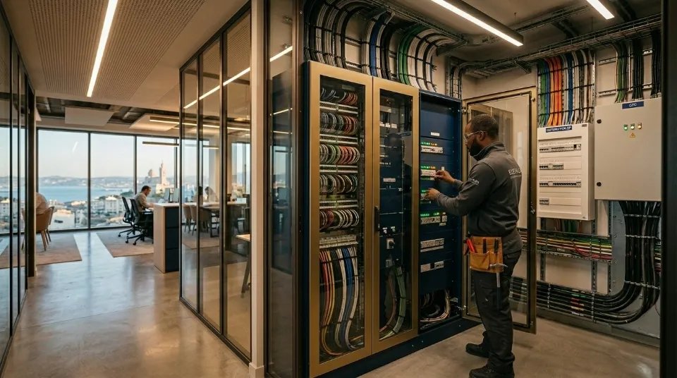 Un technicien travaille sur un rack de serveur dans une salle de données moderne avec des bureaux vitrés et une vue panoramique sur la ville.