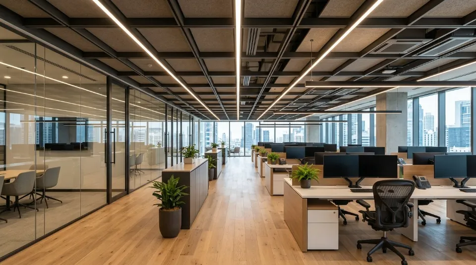 Bureau moderne avec postes de travail, cloisons vitrées et vue sur la ville au travers de grandes fenêtres, éclairage par LED au plafond.