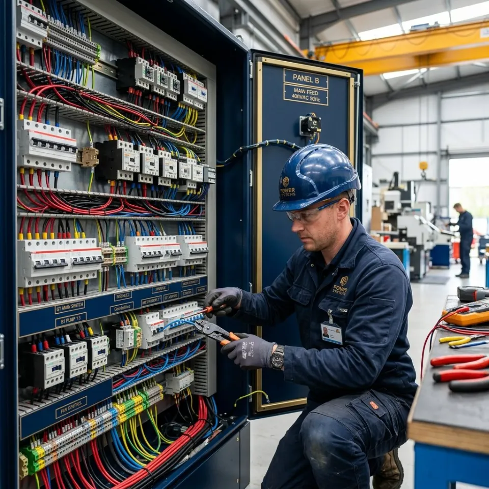 Un électricien porte un casque bleu et travaille sur un panneau électrique complexe rempli de fils et de disjoncteurs.