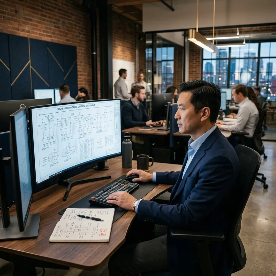 Un homme en costume travaillant sur un ordinateur affichant un schéma technique complexe, au bureau.