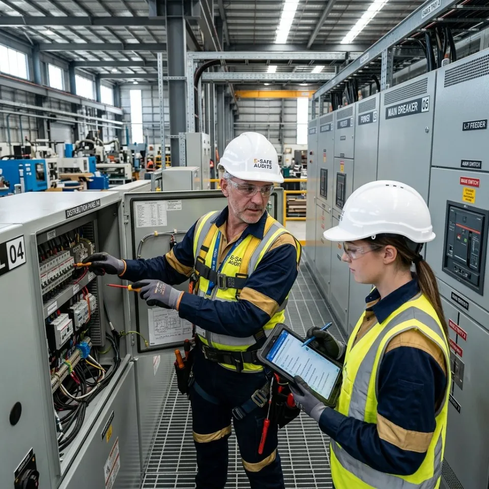 Un électricien expérimenté montre à une apprentie comment réparer un panneau électrique dans une usine.