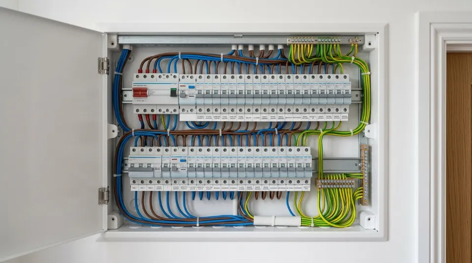 Tableau électrique avec disjoncteurs Schneider étiquetés, câblage propre et organisé par couleurs, et barres de distribution en cuivre.