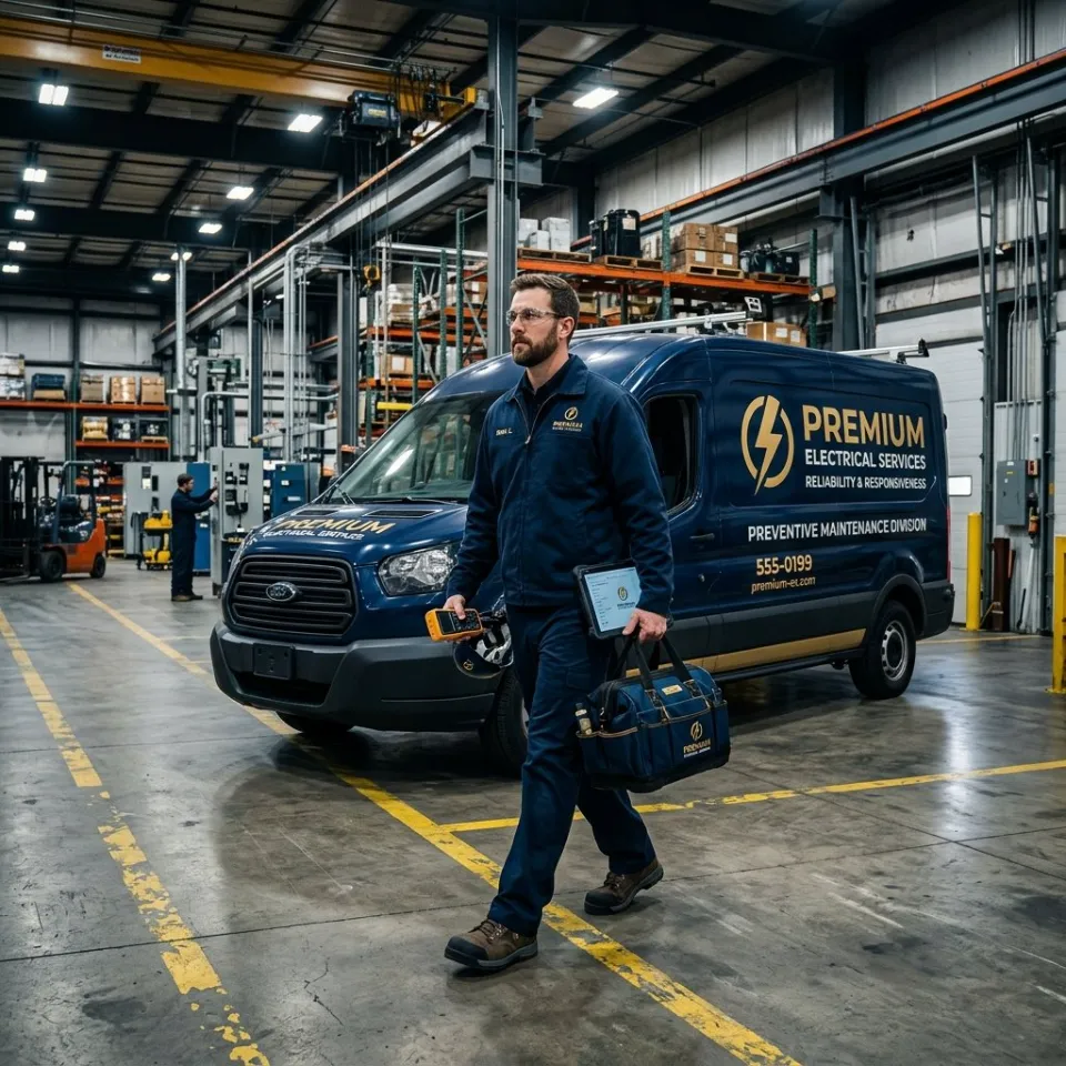 Un technicien de maintenance électrique de Premium Electric Services marche dans un entrepôt avec une tablette et une sacoche d'outils à côté d'un fourgon.