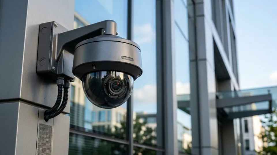 Caméra de surveillance dôme argentée fixée sur le mur d'un immeuble moderne aux fenêtres réfléchissantes.