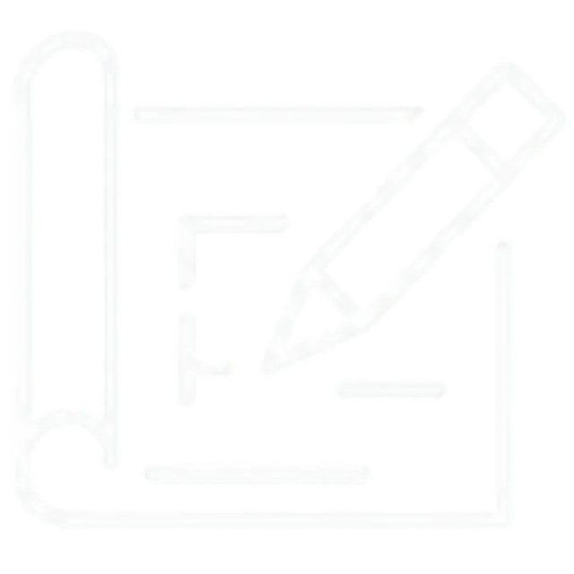 Icône blanche d'un rouleau de papier et d'un crayon esquissant des lignes sur un plan.