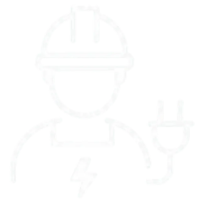 Icône blanche d'un électricien portant un casque, avec un logo d'éclair sur sa poitrine et une prise électrique dans sa main.